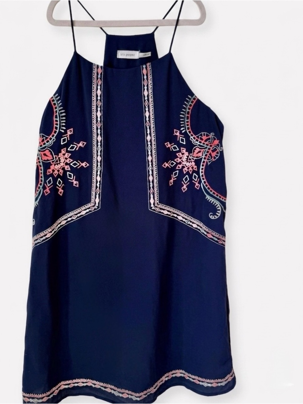 BLU PEPPER Sleeveless Navy Blue Embroidered Boho Mini Dress Cottagecore S - Picture 2 of 12